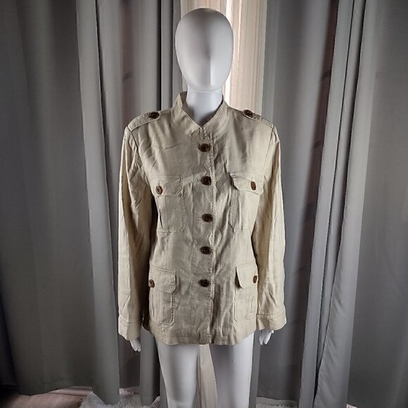 Preston & York Jackets & Blazers - Preston & York Womens Cotton Linen Beige Button Down 4 Pocket Jacket Size 14